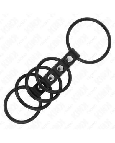 KINK - 5 ANNEAUX PÉNIS EN SILICONE DE 3,8 CM À 4,8 CM CONNECTÉS PAR DU CUIR