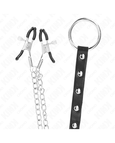 KINK - ANNEAU PÉNIS EN MÉTAL AVEC CHAÎNE ET PINCES À MAMELON RÉGLABLES