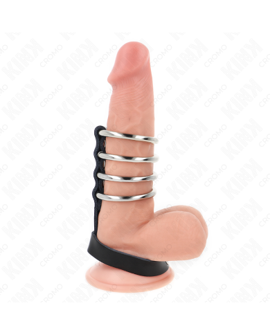 KINK - 4 ANNEAUX PÉNIS EN MÉTAL 3,8 CM CONNECTÉS AVEC SANGLE EN CUIR 22 X 1,5 CM ET FERMETURE À PRESSION