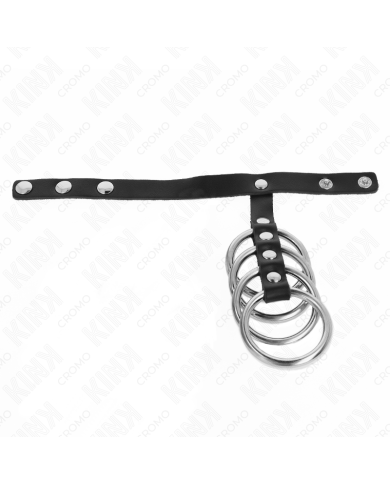 KINK - 4 ANNEAUX PÉNIS EN MÉTAL 3,8 CM CONNECTÉS AVEC SANGLE EN CUIR 22 X 1,5 CM ET FERMETURE À PRESSION