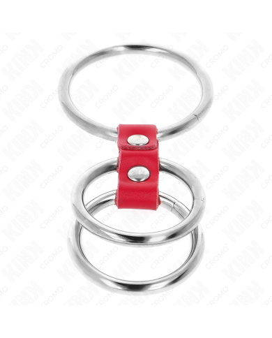 KINK - ANNEAU PÉNIS TRIPLE MÉTAL 3,7 CM À 5 CM CONNECTÉ AVEC DU CUIR ROUGE