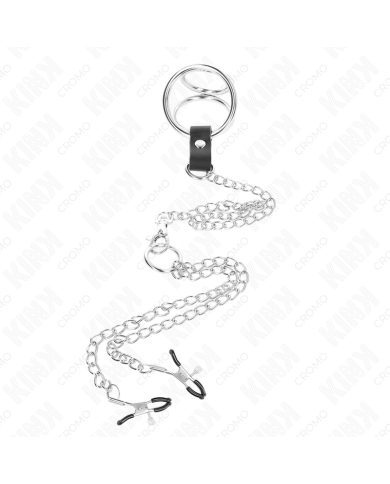 KINK - ANNEAU PÉNIS EN MÉTAL TRIPLE CHROME 3,8 CM À 5 CM AVEC CHAÎNE EN MÉTAL DE 26 CM ET PINCES À TÉTONS MODÈLE 1