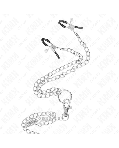 KINK - ANNEAU PÉNIS EN MÉTAL TRIPLE CHROME 3,8 CM À 5 CM AVEC CHAÎNE EN MÉTAL DE 26 CM ET PINCES À TÉTONS MODÈLE 1