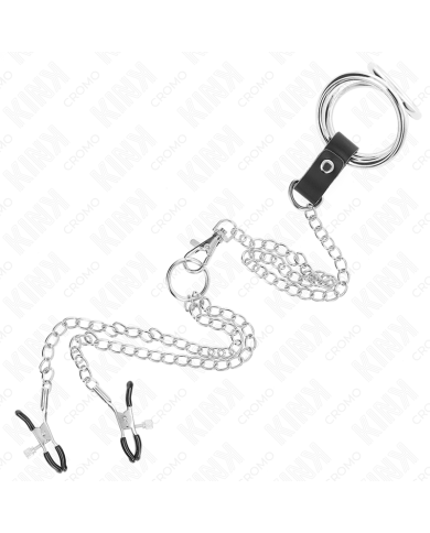 KINK - ANNEAU PÉNIS EN MÉTAL TRIPLE CHROME 3,8 CM À 5 CM AVEC CHAÎNE EN MÉTAL DE 26 CM ET PINCES À TÉTONS MODÈLE 1