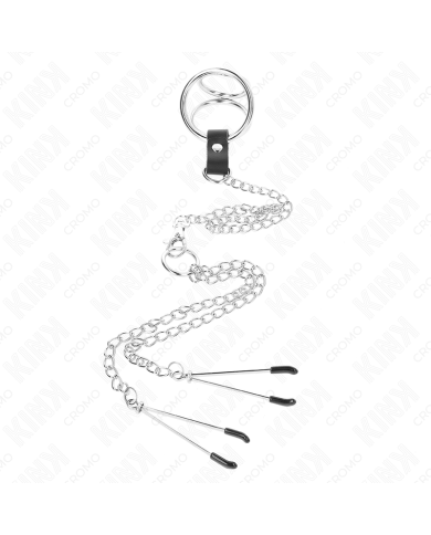KINK - ANNEAU PÉNIS EN MÉTAL TRIPLE CHROME 3,8 CM À 5 CM AVEC CHAÎNE EN MÉTAL DE 26 CM ET PINCES À TÉTONS MODÈLE 2