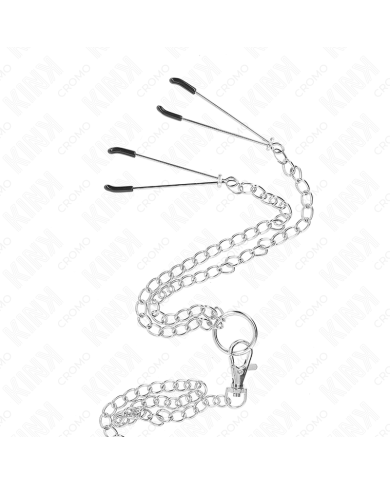 KINK - ANNEAU PÉNIS EN MÉTAL TRIPLE CHROME 3,8 CM À 5 CM AVEC CHAÎNE EN MÉTAL DE 26 CM ET PINCES À TÉTONS MODÈLE 2