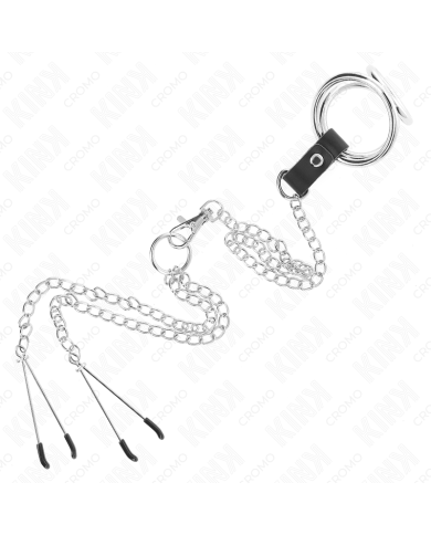 KINK - ANNEAU PÉNIS EN MÉTAL TRIPLE CHROME 3,8 CM À 5 CM AVEC CHAÎNE EN MÉTAL DE 26 CM ET PINCES À TÉTONS MODÈLE 2
