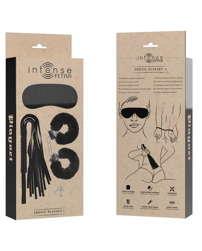 INTENSE - FETISH PLAYSET ÉROTIQUE 1 AVEC MENOTTES, MASQUE AVEUGLE ET FLOGGER