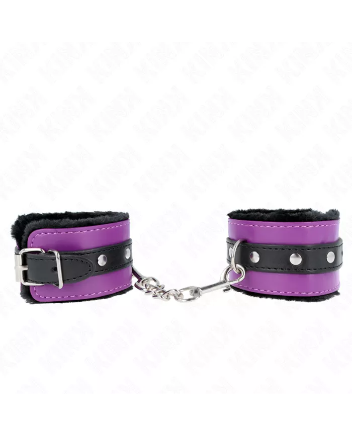 KINK - APPUI-POIGNETS DOUBLÉS DE FOURRURE PREMIUM NOIR AVEC CEINTURE VIOLET / NOIRE RÉGLABLE 17-29 CM X 6 CM