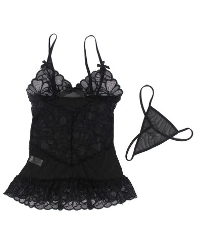SUBBLIME - BABYDOLL BRETELLES RÉGLABLES ET DENTELLE TRANSPARENTE IMPRIMÉ FLORAL NOIR S/M
