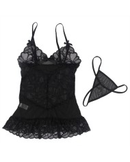 SUBBLIME - BABYDOLL BRETELLES RÉGLABLES ET DENTELLE TRANSPARENTE IMPRIMÉ FLORAL NOIR S/M