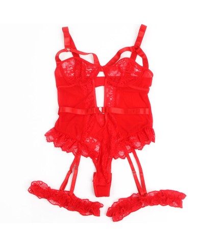 SUBBLIME - TEDDY AVEC JARRETIÈRE AVEC DÉTAIL DENTELLE ET BANDES ROUGE S/M