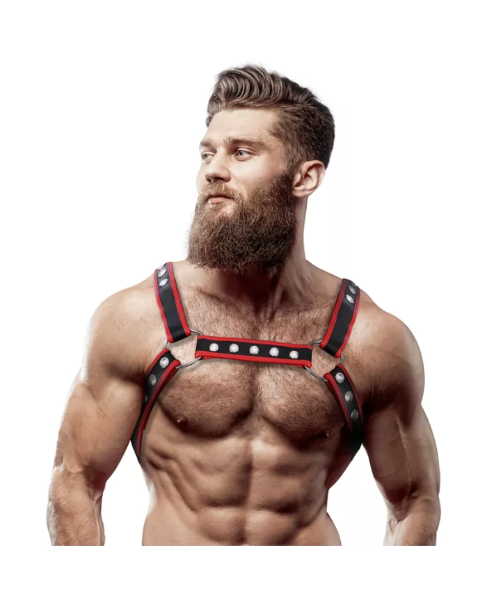 FETISH SUBMISSIVE ATTITUDE - HARNAIS DE POITRINE BULLDOG EN CUIR ÉCOLOGIQUE POUR HOMMES NOIR/ROUGE