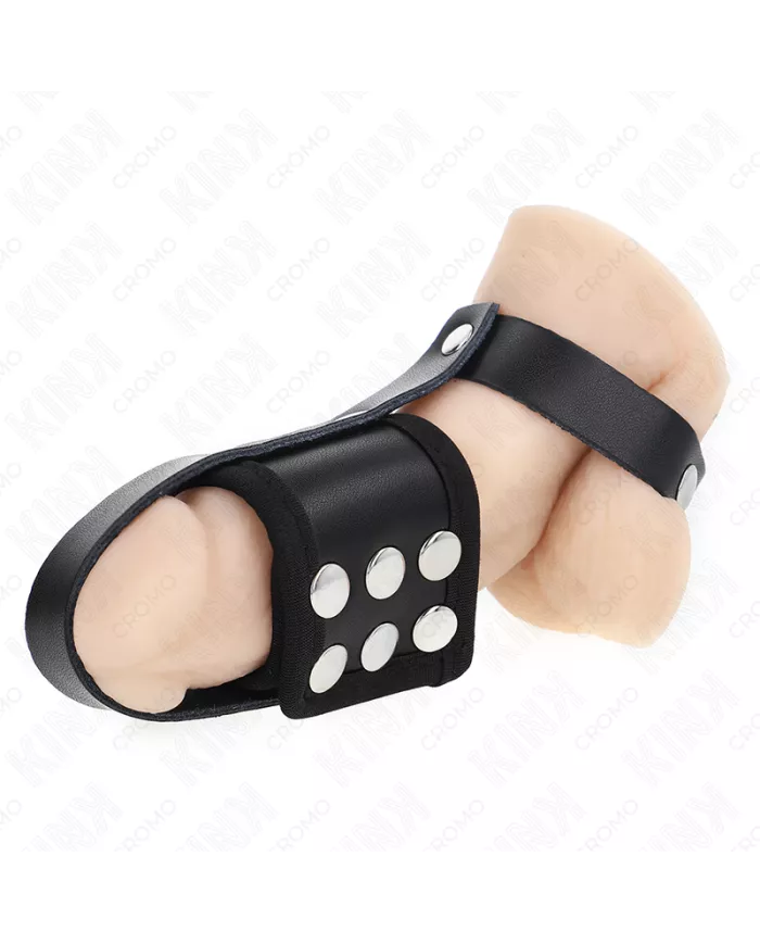 KINK - ANNEAU DE CAGE À PÉNIS EN CUIR AVEC SANGLE RÉGLABLE DE SÉPARATION DES BALLES REVÊTUEUSE