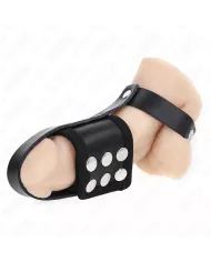 KINK - ANNEAU DE CAGE À PÉNIS EN CUIR AVEC SANGLE RÉGLABLE DE SÉPARATION DES BALLES REVÊTUEUSE