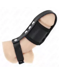 KINK - ANNEAU DE CAGE À PÉNIS EN CUIR AVEC SANGLE RÉGLABLE DE SÉPARATION DES BALLES REVÊTUEUSE