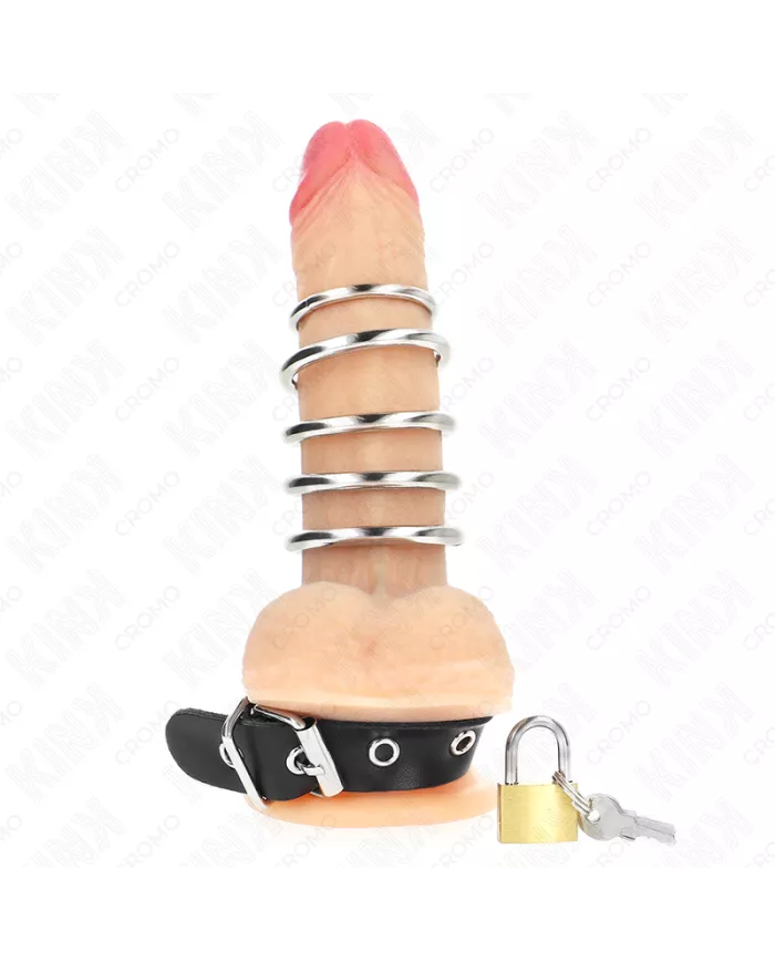KINK - ANNEAU PÉNIS EN CUIR AVEC SANGLE DE VERROUILLAGE 21 X 2 CM ET 5 ANNEAUX MÉTALLIQUES DE 3 CM À 4 CM