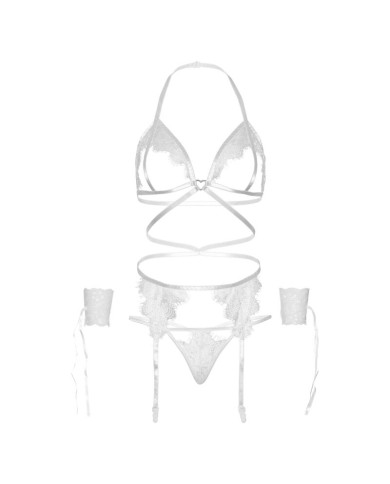 LEG AVENUE - ENSEMBLE QUATRE PIÈCES SOUTIEN-GORGE, STRING, PORTE-JARRETELLES ET POIGNETS TAILLE UNIQUE - BLANC