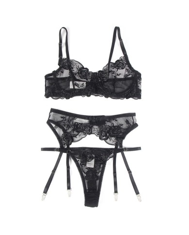 SUBBLIME - ENSEMBLE 3 PIÈCES SOUTIEN-GORGE + STRING + JARRETIÈRE IMPRIMÉ FLORAL NOIR S/M