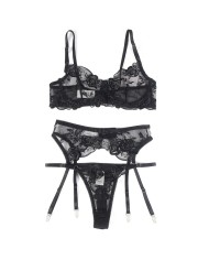 SUBBLIME - ENSEMBLE 3 PIÈCES SOUTIEN-GORGE + STRING + JARRETIÈRE IMPRIMÉ FLORAL NOIR S/M