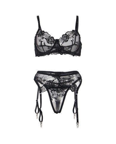 SUBBLIME - ENSEMBLE 3 PIÈCES SOUTIEN-GORGE + STRING + JARRETIÈRE IMPRIMÉ FLORAL NOIR S/M