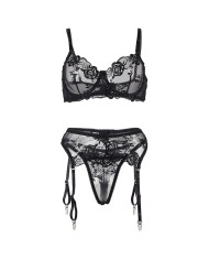 SUBBLIME - ENSEMBLE 3 PIÈCES SOUTIEN-GORGE + STRING + JARRETIÈRE IMPRIMÉ FLORAL NOIR S/M