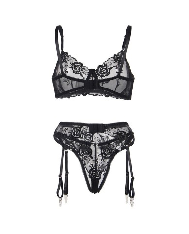 SUBBLIME - ENSEMBLE 3 PIÈCES SOUTIEN-GORGE + STRING + JARRETIÈRE IMPRIMÉ FLORAL NOIR S/M