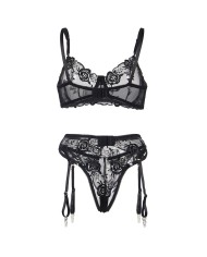 SUBBLIME - ENSEMBLE 3 PIÈCES SOUTIEN-GORGE + STRING + JARRETIÈRE IMPRIMÉ FLORAL NOIR S/M