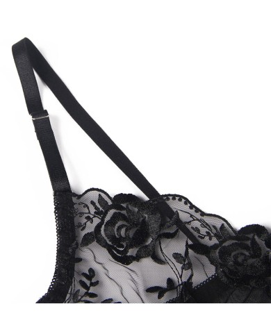 SUBBLIME - ENSEMBLE 3 PIÈCES SOUTIEN-GORGE + STRING + JARRETIÈRE IMPRIMÉ FLORAL NOIR S/M