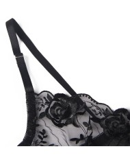 SUBBLIME - ENSEMBLE 3 PIÈCES SOUTIEN-GORGE + STRING + JARRETIÈRE IMPRIMÉ FLORAL NOIR S/M