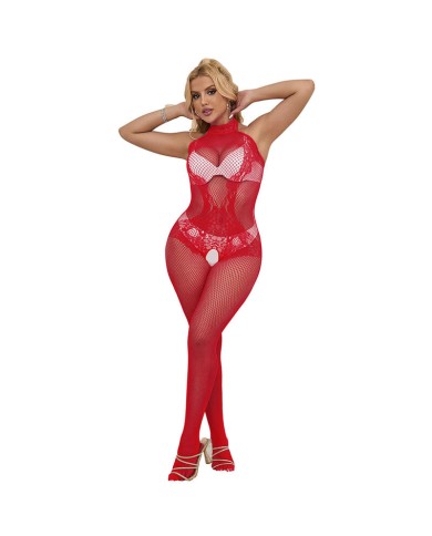 SUBBLIME - 952372 BODYSTOCKING RÉSILLE ET DENTELLE SANS FOURRURE COL MONTANT ROUGE TAILLE UNIQUE
