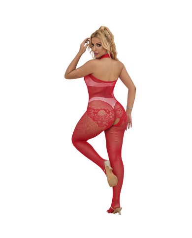 SUBBLIME - 952372 BODYSTOCKING RÉSILLE ET DENTELLE SANS FOURRURE COL MONTANT ROUGE TAILLE UNIQUE