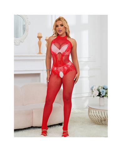 SUBBLIME - 952372 BODYSTOCKING RÉSILLE ET DENTELLE SANS FOURRURE COL MONTANT ROUGE TAILLE UNIQUE