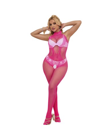 SUBBLIME - 952389 BODYSTOCKING RÉSILLE ET DENTELLE SANS FOURRURE AVEC COL MONTANT ROSE TAILLE UNIQUE