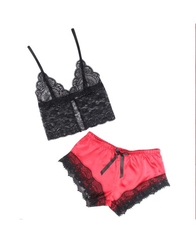 SUBBLIME - 953966 CHEMISE DE NUIT DÉCONTRACTÉE EN SOIE + PANTALON EN DENTELLE NOIR/ROUGE L/XL