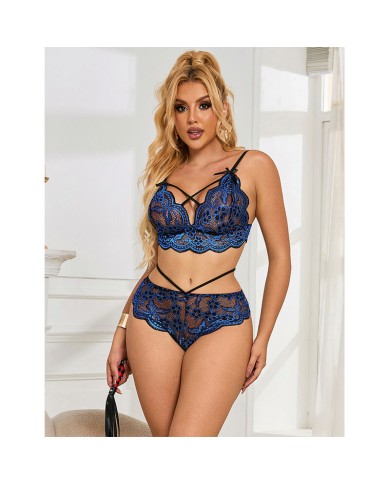 SUBBLIME - 954062 SOUTIEN-GORGE + CULOTTE DENTELLE BLEU S/M