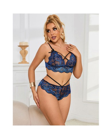 SUBBLIME - 954062 SOUTIEN-GORGE + CULOTTE DENTELLE BLEU S/M