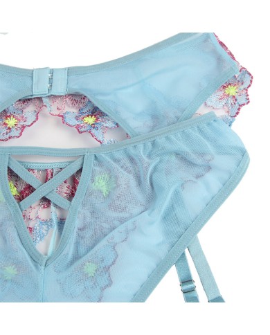 SUBBLIME - 954109 SOUTIEN-GORGE + CULOTTE AVEC PORTE-JARRETELLES MOTIF FLORAL BLEU S/M