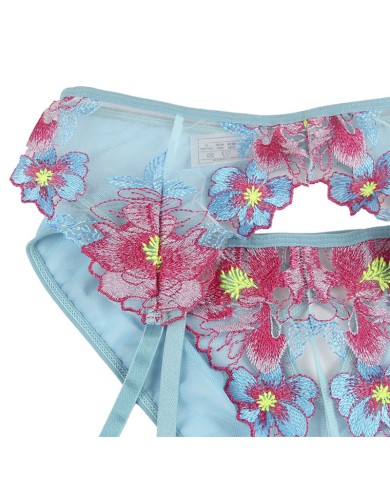 SUBBLIME - 954109 SOUTIEN-GORGE + CULOTTE AVEC PORTE-JARRETELLES MOTIF FLORAL BLEU S/M