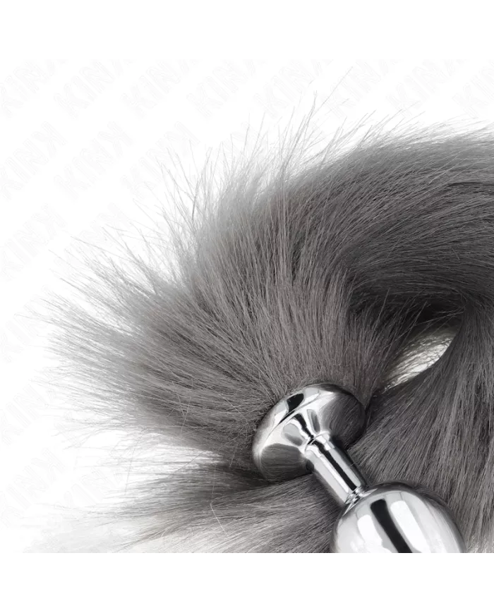 KINK - PLUG ANAL TAILLE M 8 X 3,5 CM AVEC QUEUE SYNTHÉTIQUE 40 CM GRIS ET BLANC