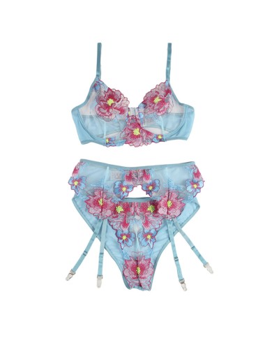 SUBBLIME - 954116 SOUTIEN-GORGE + CULOTTE AVEC PORTE-JARRETELLES MOTIF FLORAL BLEU L/XL