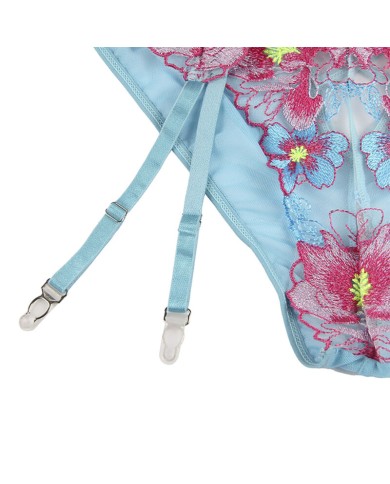 SUBBLIME - 954116 SOUTIEN-GORGE + CULOTTE AVEC PORTE-JARRETELLES MOTIF FLORAL BLEU L/XL