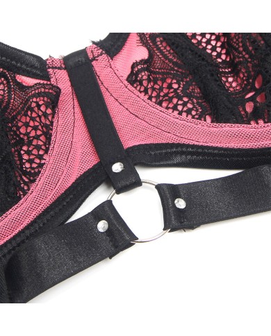 SUBBLIME - 955588 ENSEMBLE SOUTIEN-GORGE EN CUIR VERNI ROSE AVEC FERMETURE ÉCLAIR L/XL