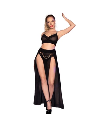 CHILIROSE - CR 4672 JUPE ET STRING NOIRS AVEC CHAÎNES DORÉS S