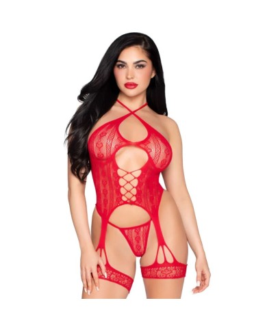 LEG AVENUE - 89338 BODY OUVERT EN DENTELLE AVEC PORTE-JARRETELLES + STRING ROUGE - TAILLE UNIQUE
