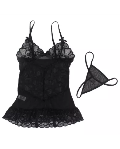 SUBBLIME - BABYDOLL  BRETELLES RÉGLABLES ET DENTELLE TRANSPARENTE IMPRIMÉ FLEURI NOIR L/XL