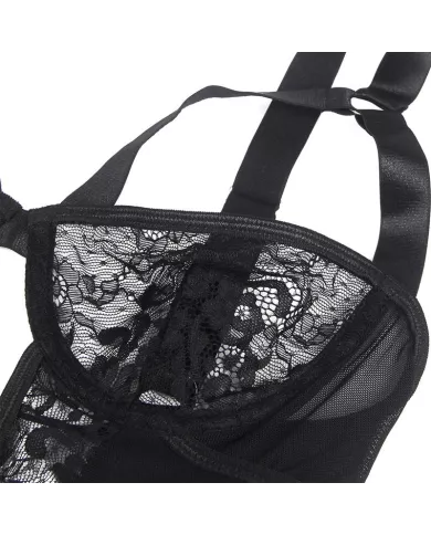 SUBBLIME - TEDDY AVEC JARRETIÈRE AVEC DÉTAIL DENTELLE ET BANDES NOIR S/M