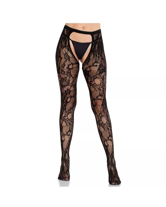 LEG AVENUE - BAS EN DENTELLE ROSE AVEC DOS OUVERT NOIR