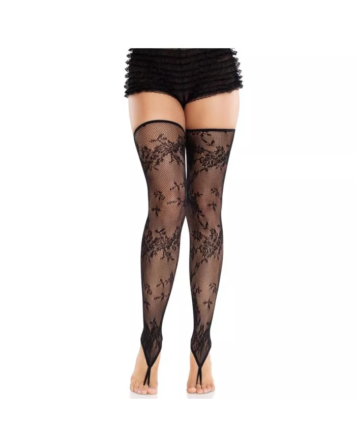 LEG AVENUE - BAS SANS PIEDS EN DENTELLE FLORALE NOIR