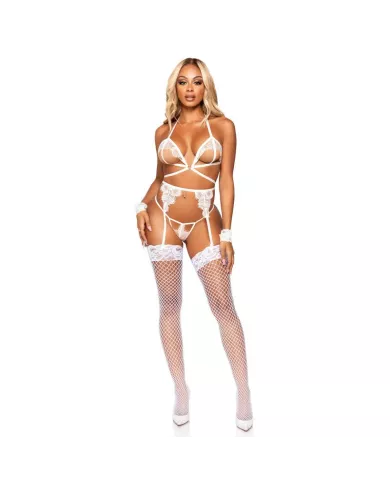 LEG AVENUE - ENSEMBLE QUATRE PIÈCES SOUTIEN-GORGE, STRING, PORTE-JARRETELLES ET POIGNETS TAILLE UNIQUE - BLANC